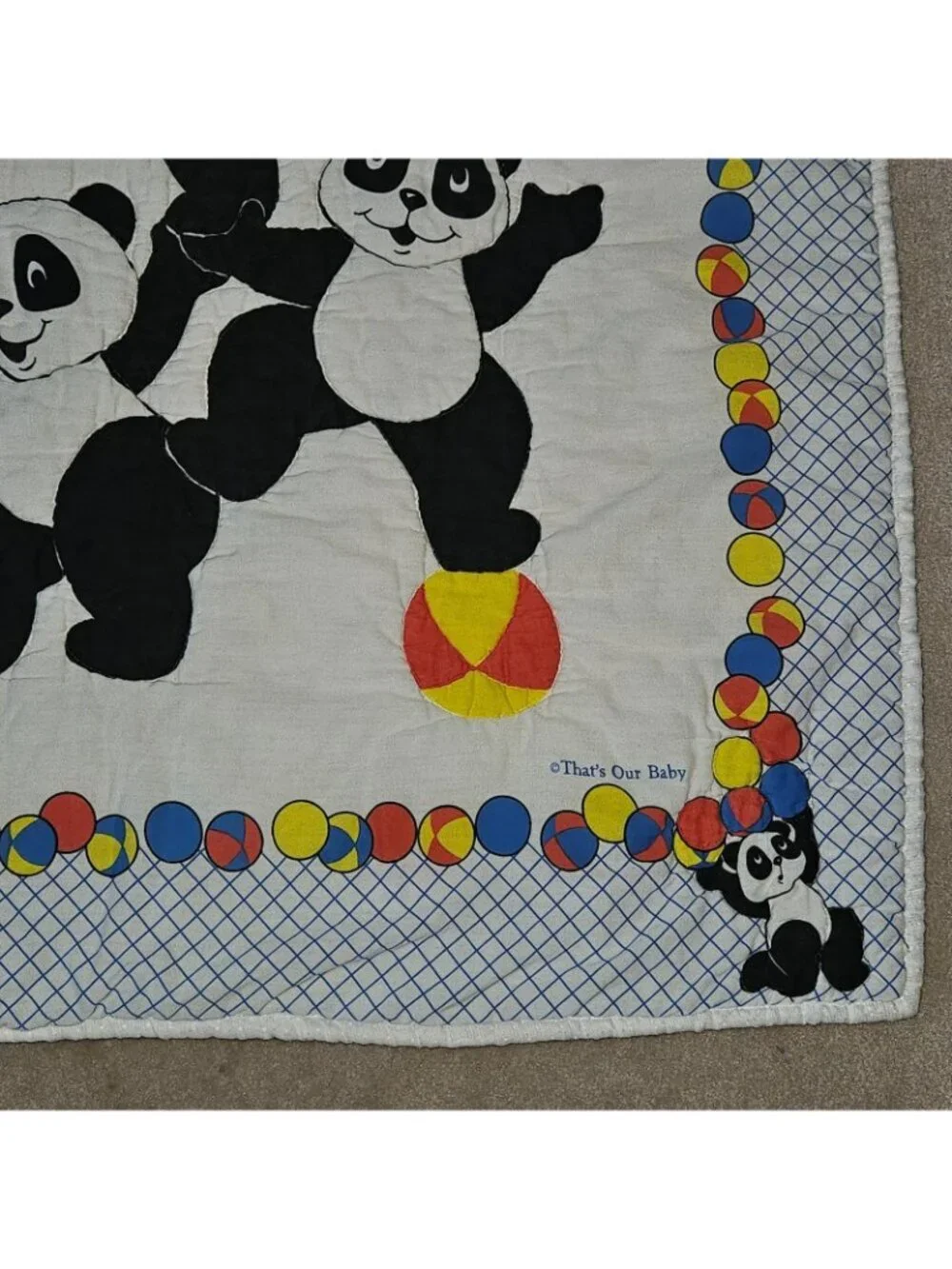 VTG That's Our Baby Quilted Blanket Panda Bears Balls Red Blue Yellow Primary